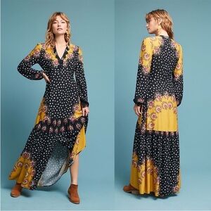 NWT Farm Rio x anthropologie Maxi Dress in Black and Yellow Floral